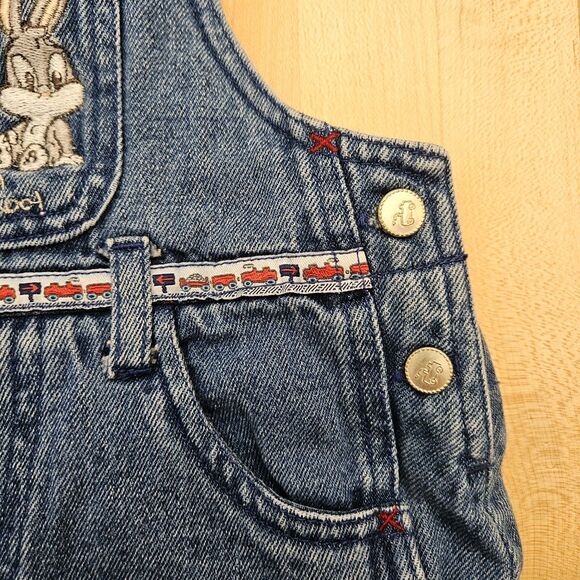 Vintage Baby Looney Tunes Overalls 2T 24 Mo Denim Bugs Bunny Jeans Choo Trains - Picture 6 of 12